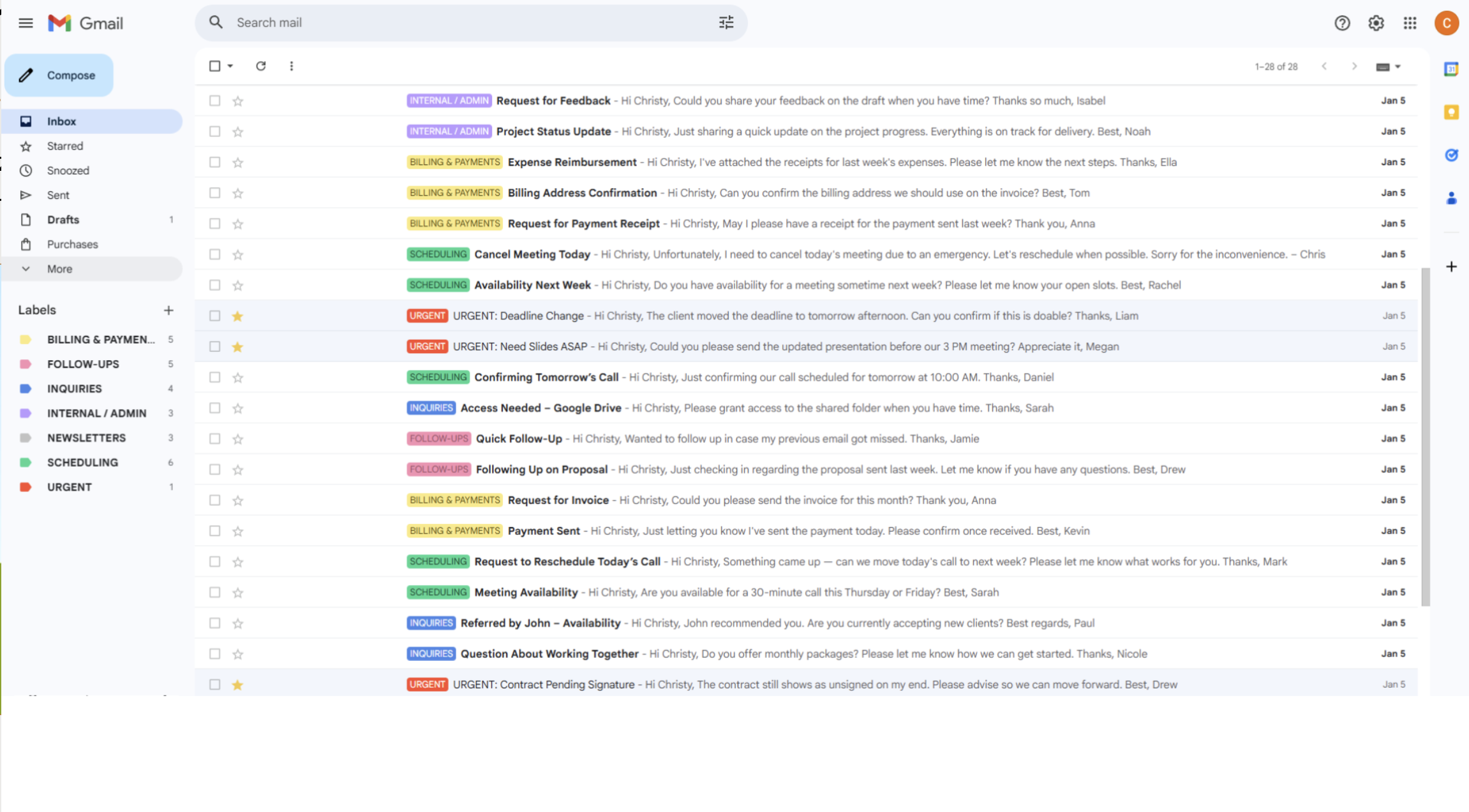 Email inbox organization sample